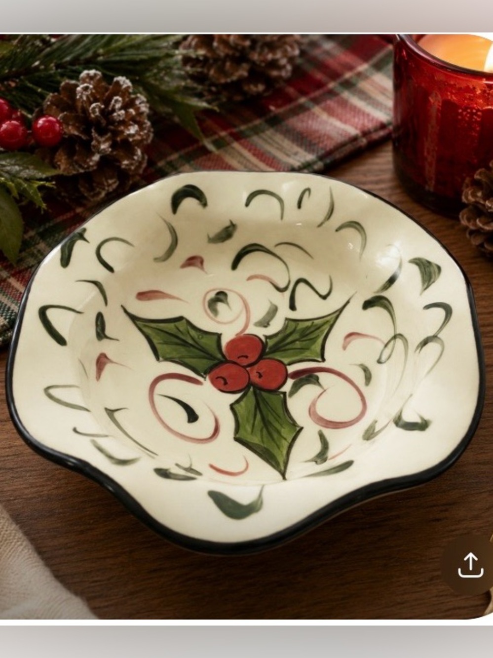 Handpainted Ceramic Trinket Dish Holly Christmas Ruffle Edge 6" Signed Vintage
